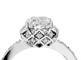 White gold Cushion Cut Diamond Scalloped Halo Engagement Ring with Round Shared Prong Band_16