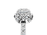 White gold Cushion Cut Diamond Scalloped Halo Engagement Ring with Round Shared Prong Band_17