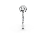 White gold Cushion Cut Diamond Scalloped Halo Engagement Ring with Round Shared Prong Band_26