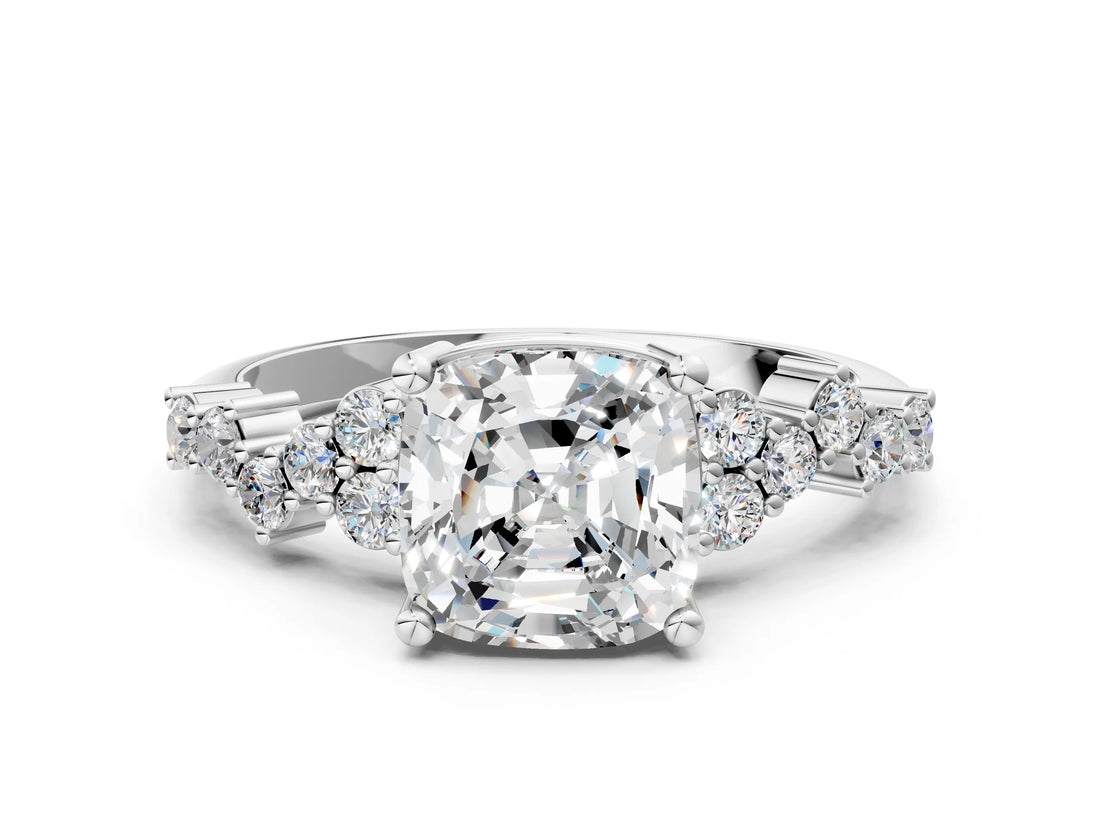 White gold Cushion Cut Diamond Scattered Round Accent Ring with Prong Setting_18