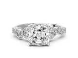 White gold Cushion Cut Diamond Scattered Round Accent Ring with Prong Setting_18