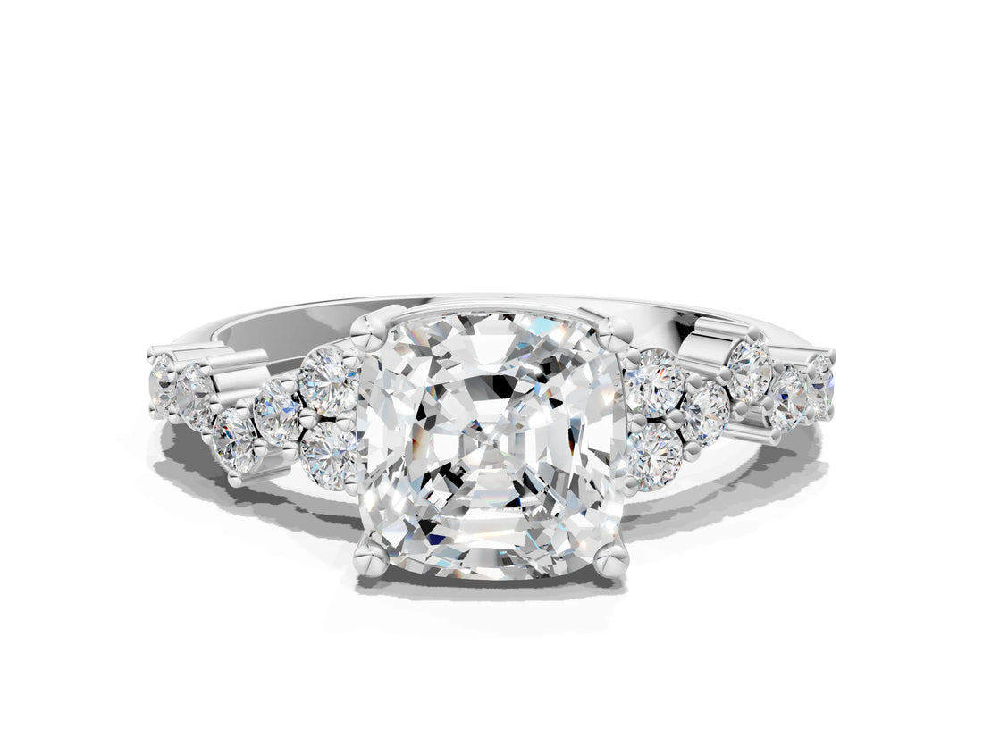 White gold Cushion Cut Diamond Scattered Round Accent Ring with Prong Setting_30