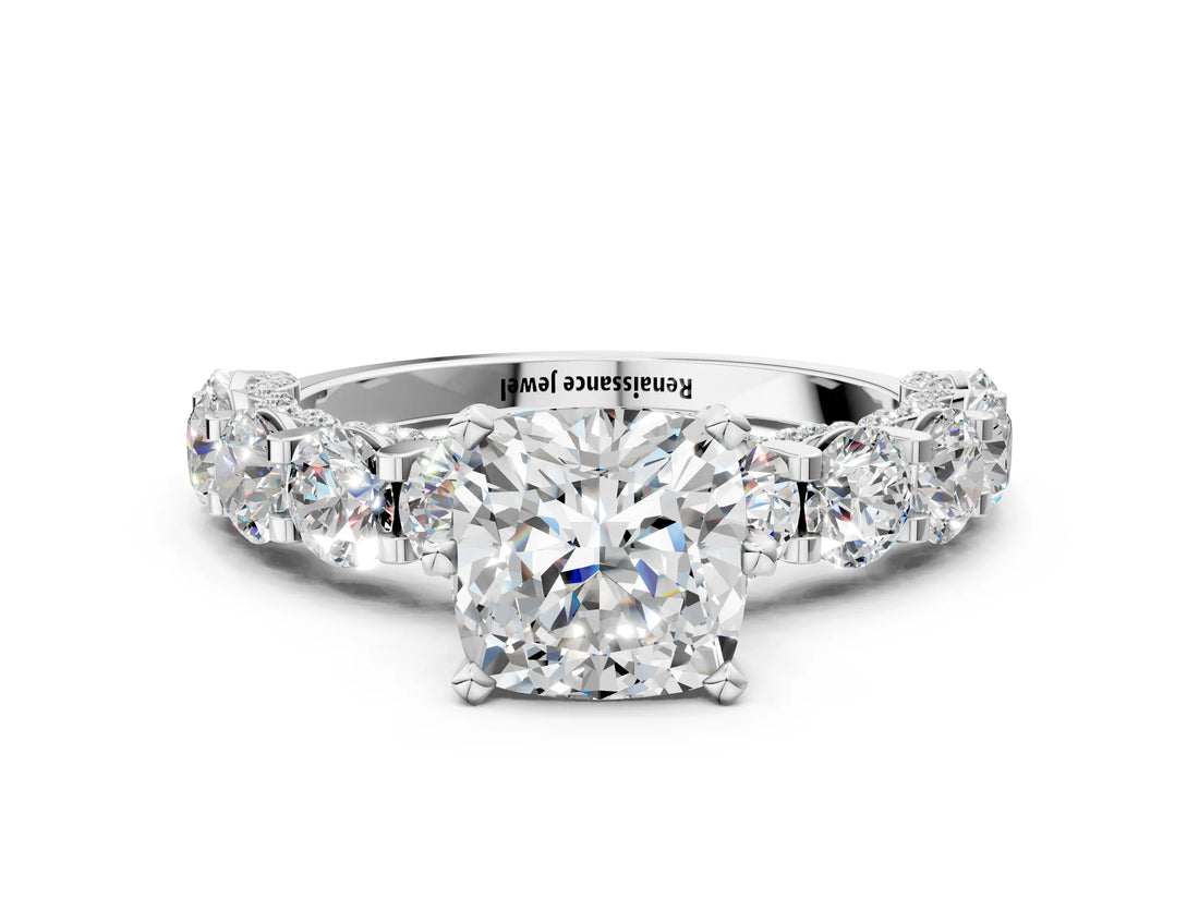 White gold Cushion Cut Diamond Side Stone Engagement Ring with Four-Prong Setting_24