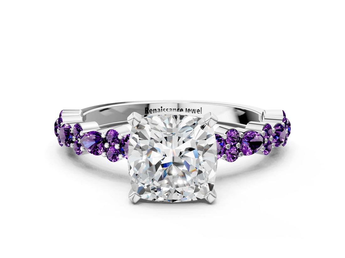 White gold Cushion Cut Diamond Side Stone Solitaire Ring with Round with Amethyst side stone and Four-Prong Setting