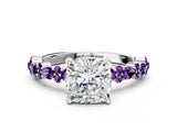 White gold Cushion Cut Diamond Side Stone Solitaire Ring with Round with Amethyst side stone and Four-Prong Setting