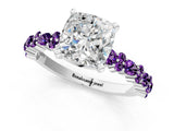 White gold Cushion Cut Diamond Side Stone Solitaire Ring with Round with Amethyst side stone and Four-Prong Setting_1