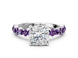 White gold Cushion Cut Diamond Side Stone Solitaire Ring with Round with Amethyst side stone and Four-Prong Setting_12