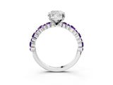 White gold Cushion Cut Diamond Side Stone Solitaire Ring with Round with Amethyst side stone and Four-Prong Setting_15