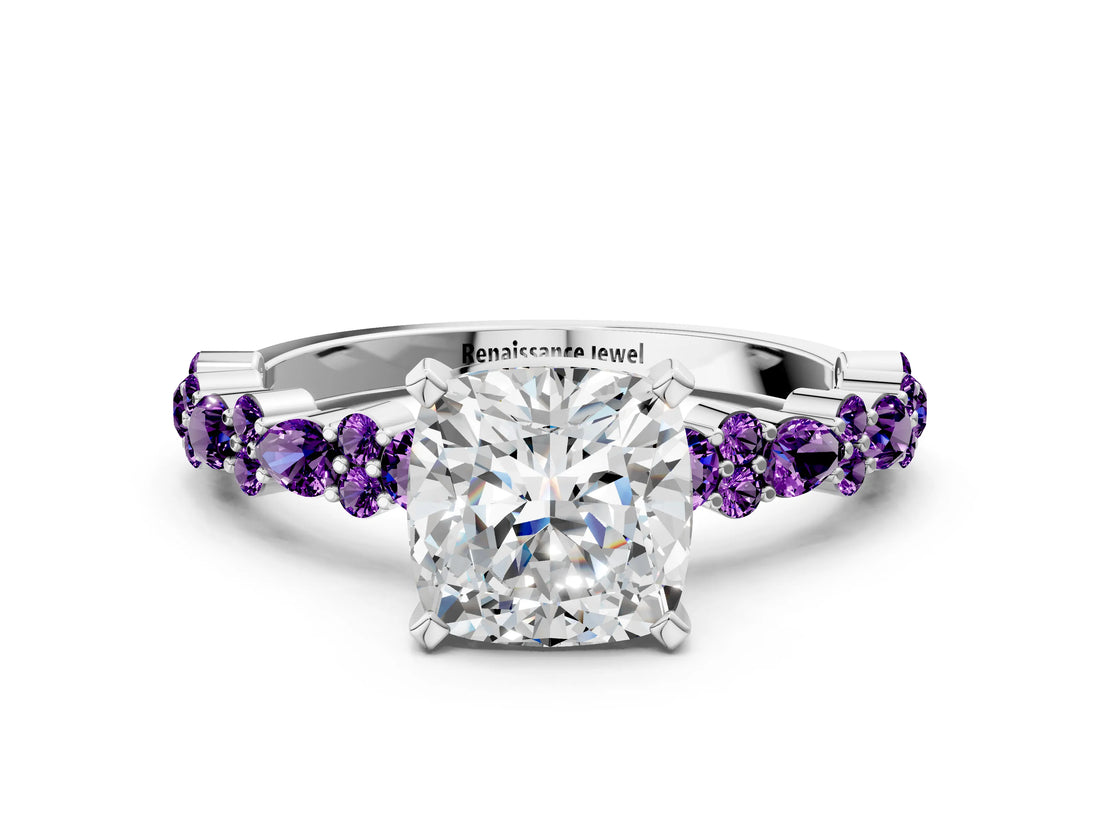 White gold Cushion Cut Diamond Side Stone Solitaire Ring with Round with Amethyst side stone and Four-Prong Setting