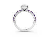 White gold Cushion Cut Diamond Side Stone Solitaire Ring with Round with Amethyst side stone and Four-Prong Setting_3