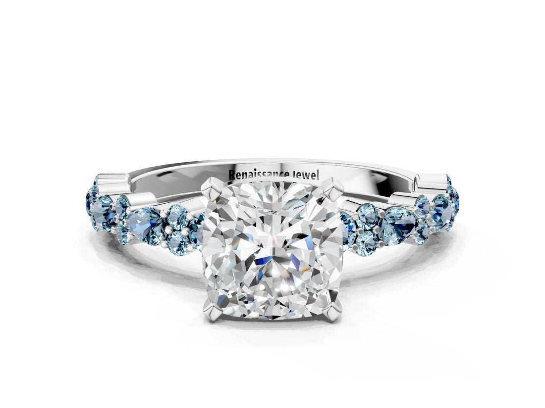 White gold Cushion Cut Diamond Side Stone Solitaire Ring with Round with Aquamarine side stone and Four-Prong Setting