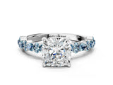 White gold Cushion Cut Diamond Side Stone Solitaire Ring with Round with Aquamarine side stone and Four-Prong Setting