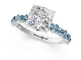 White gold Cushion Cut Diamond Side Stone Solitaire Ring with Round with Aquamarine side stone and Four-Prong Setting_1