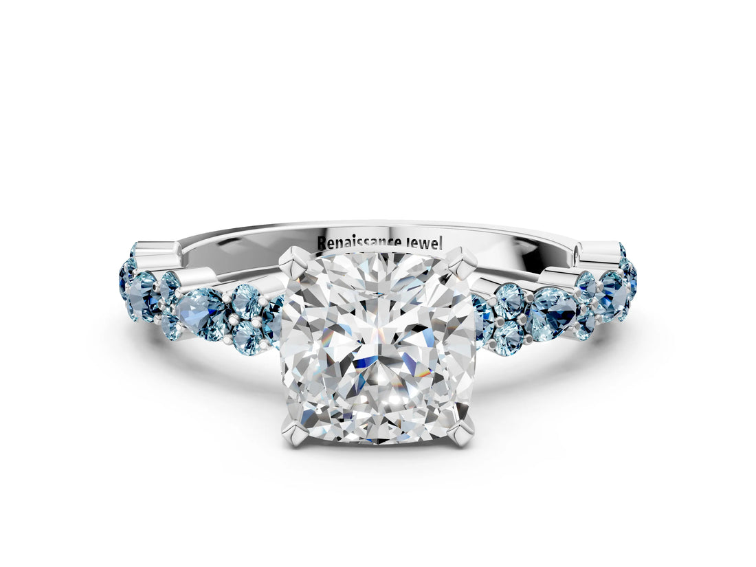 White gold Cushion Cut Diamond Side Stone Solitaire Ring with Round with Aquamarine side stone and Four-Prong Setting_12