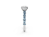 White gold Cushion Cut Diamond Side Stone Solitaire Ring with Round with Aquamarine side stone and Four-Prong Setting_2