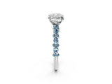 White gold Cushion Cut Diamond Side Stone Solitaire Ring with Round with Aquamarine side stone and Four-Prong Setting_2