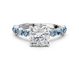 White gold Cushion Cut Diamond Side Stone Solitaire Ring with Round with Aquamarine side stone and Four-Prong Setting