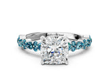 White gold Cushion Cut Diamond Side Stone Solitaire Ring with Round with Blue Topaz side stone and Four-Prong Setting