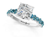 White gold Cushion Cut Diamond Side Stone Solitaire Ring with Round with Blue Topaz side stone and Four-Prong Setting_1