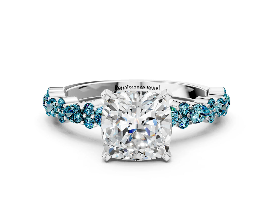 White gold Cushion Cut Diamond Side Stone Solitaire Ring with Round with Blue Topaz side stone and Four-Prong Setting
