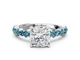White gold Cushion Cut Diamond Side Stone Solitaire Ring with Round with Blue Topaz side stone and Four-Prong Setting