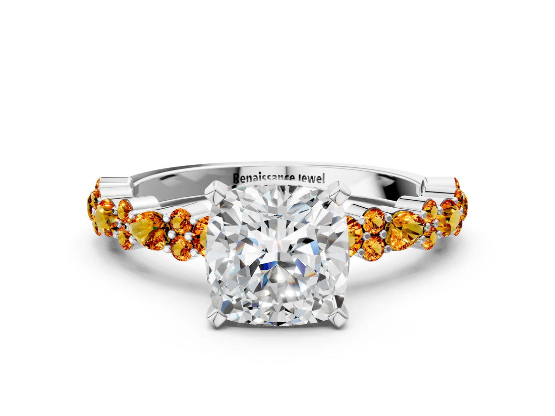 White gold Cushion Cut Diamond Side Stone Solitaire Ring with Round with Citrine side stone and Four-Prong Setting