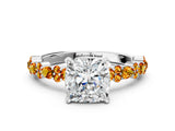 White gold Cushion Cut Diamond Side Stone Solitaire Ring with Round with Citrine side stone and Four-Prong Setting
