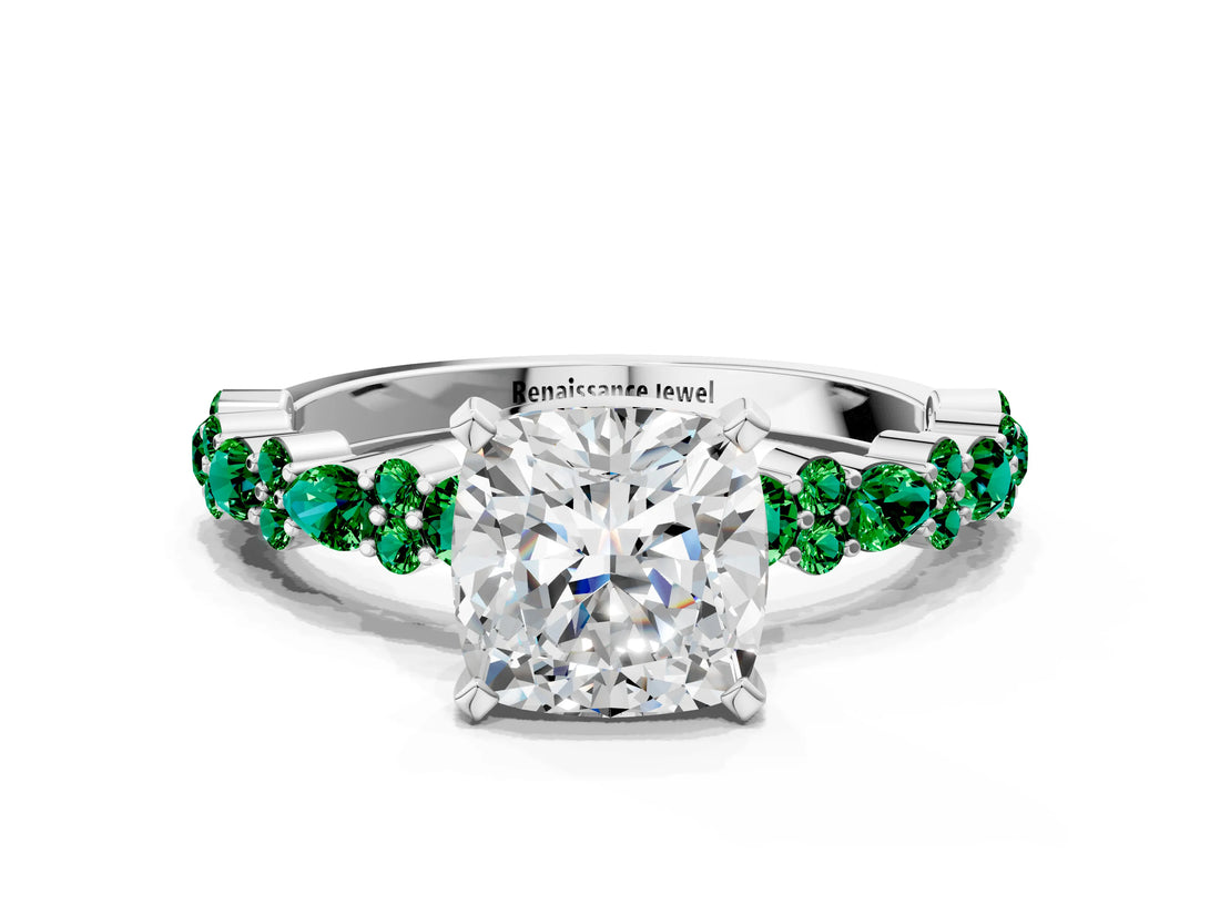 White gold Cushion Cut Diamond Side Stone Solitaire Ring with Round with Emerald side stone and Four-Prong Setting