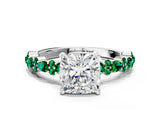 White gold Cushion Cut Diamond Side Stone Solitaire Ring with Round with Emerald side stone and Four-Prong Setting