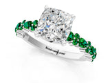 White gold Cushion Cut Diamond Side Stone Solitaire Ring with Round with Emerald side stone and Four-Prong Setting_1