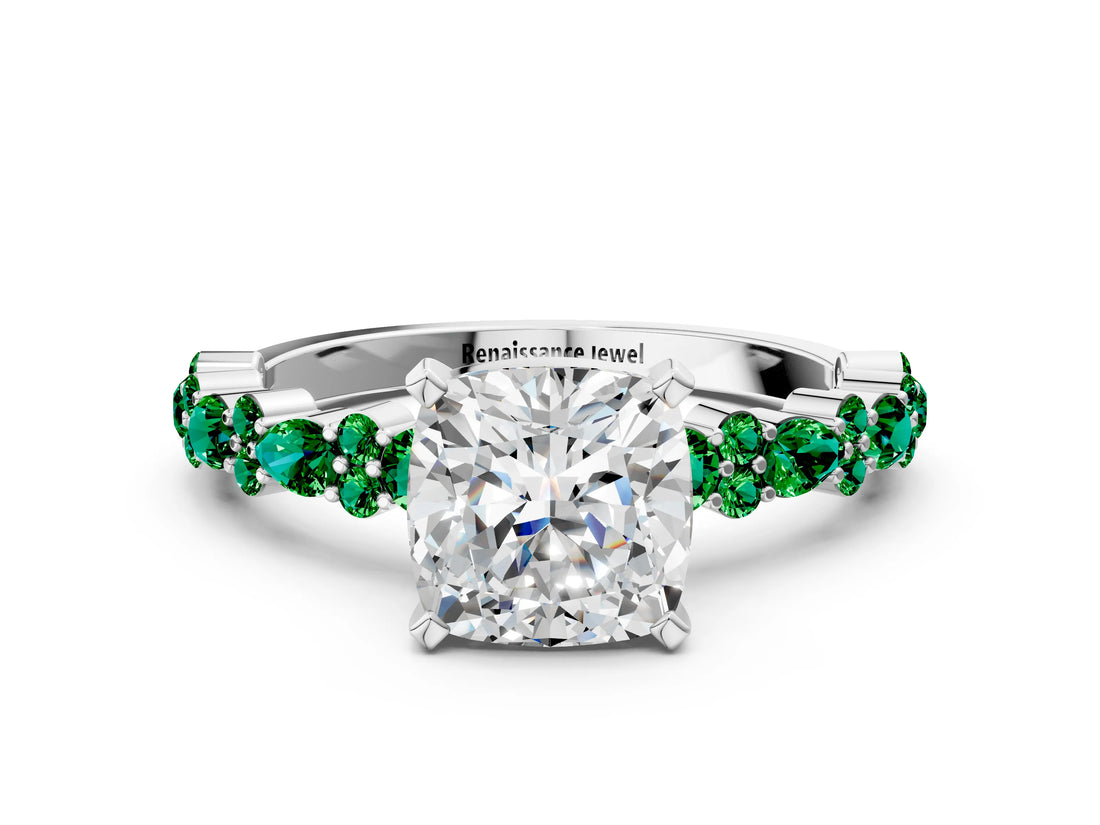White gold Cushion Cut Diamond Side Stone Solitaire Ring with Round with Emerald side stone and Four-Prong Setting_12