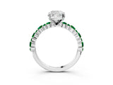 White gold Cushion Cut Diamond Side Stone Solitaire Ring with Round with Emerald side stone and Four-Prong Setting_3