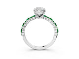 White gold Cushion Cut Diamond Side Stone Solitaire Ring with Round with Emerald side stone and Four-Prong Setting_3