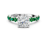 White gold Cushion Cut Diamond Side Stone Solitaire Ring with Round with Emerald side stone and Four-Prong Setting