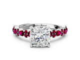 White gold Cushion Cut Diamond Side Stone Solitaire Ring with Round with Garnet side stone and Four-Prong Setting_12