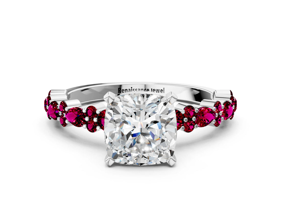 White gold Cushion Cut Diamond Side Stone Solitaire Ring with Round with Garnet side stone and Four-Prong Setting_18