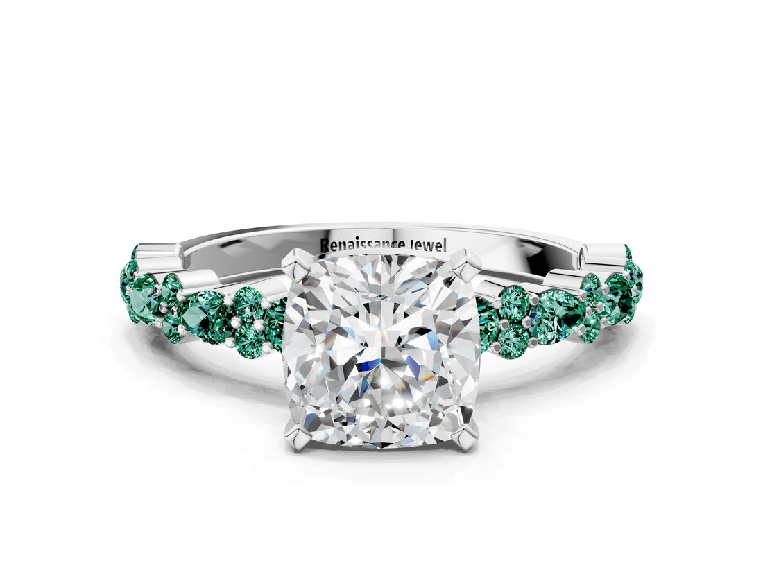 White gold Cushion Cut Diamond Side Stone Solitaire Ring with Round with Green Sapphire side stone and Four-Prong Setting_37