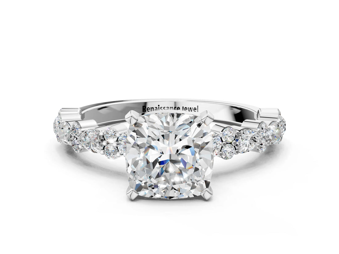 White gold Cushion Cut Diamond Side Stone Solitaire Ring with Round with Moissanite side stone and Four-Prong Setting