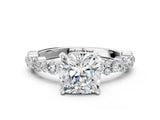 White gold Cushion Cut Diamond Side Stone Solitaire Ring with Round with Moissanite side stone and Four-Prong Setting