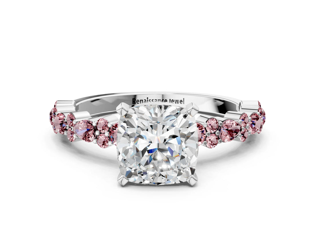 White gold Cushion Cut Diamond Side Stone Solitaire Ring with Round with Morganite side stone and Four-Prong Setting