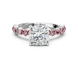 White gold Cushion Cut Diamond Side Stone Solitaire Ring with Round with Morganite side stone and Four-Prong Setting