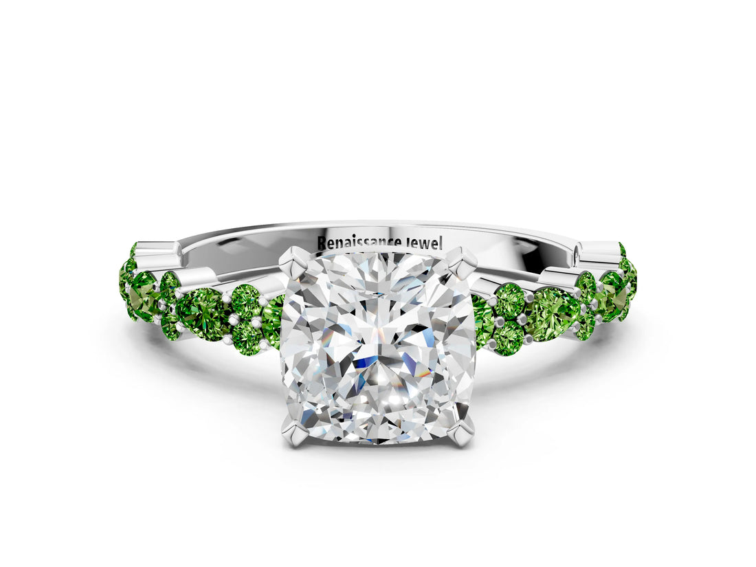 White gold Cushion Cut Diamond Side Stone Solitaire Ring with Round with Peridot side stone and Four-Prong Setting_12