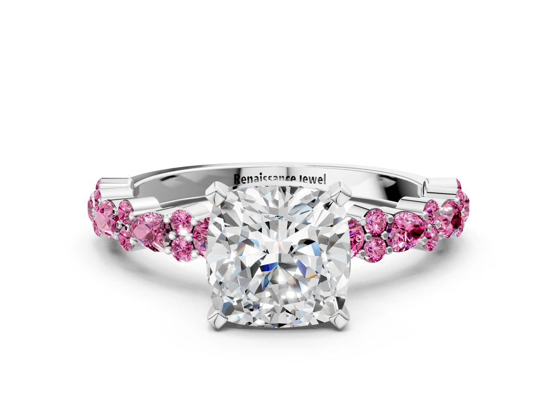 White gold Cushion Cut Diamond Side Stone Solitaire Ring with Round with Pink Sapphire side stone and Four-Prong Setting