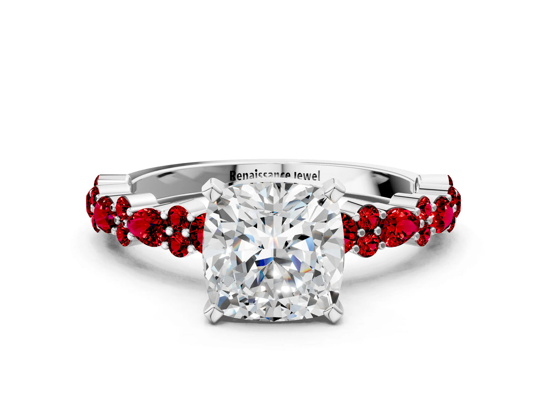 White gold Cushion Cut Diamond Side Stone Solitaire Ring with Round with Ruby side stone and Four-Prong Setting