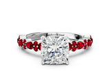 White gold Cushion Cut Diamond Side Stone Solitaire Ring with Round with Ruby side stone and Four-Prong Setting