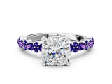 White gold Cushion Cut Diamond Side Stone Solitaire Ring with Round with Tanzanite side stone and Four-Prong Setting_12