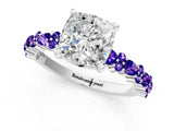 White gold Cushion Cut Diamond Side Stone Solitaire Ring with Round with Tanzanite side stone and Four-Prong Setting_13