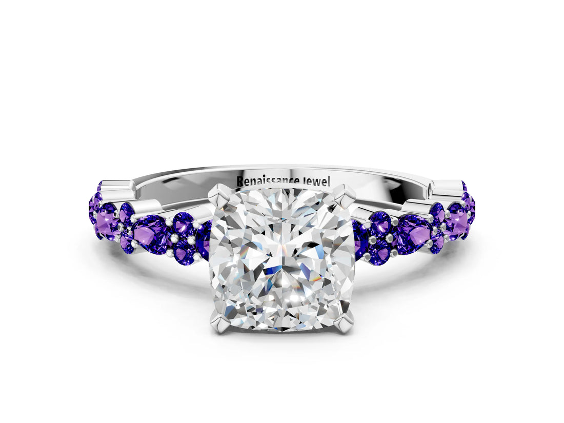 White gold Cushion Cut Diamond Side Stone Solitaire Ring with Round with Tanzanite side stone and Four-Prong Setting_22