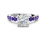 White gold Cushion Cut Diamond Side Stone Solitaire Ring with Round with Tanzanite side stone and Four-Prong Setting_22