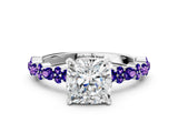White gold Cushion Cut Diamond Side Stone Solitaire Ring with Round with Tanzanite side stone and Four-Prong Setting_36